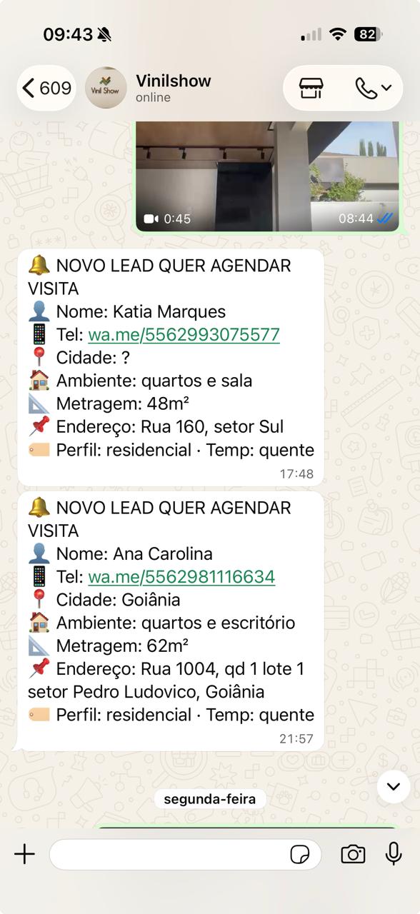 Notificação de WhatsApp recebida pelo técnico avisando sobre um novo lead qualificado